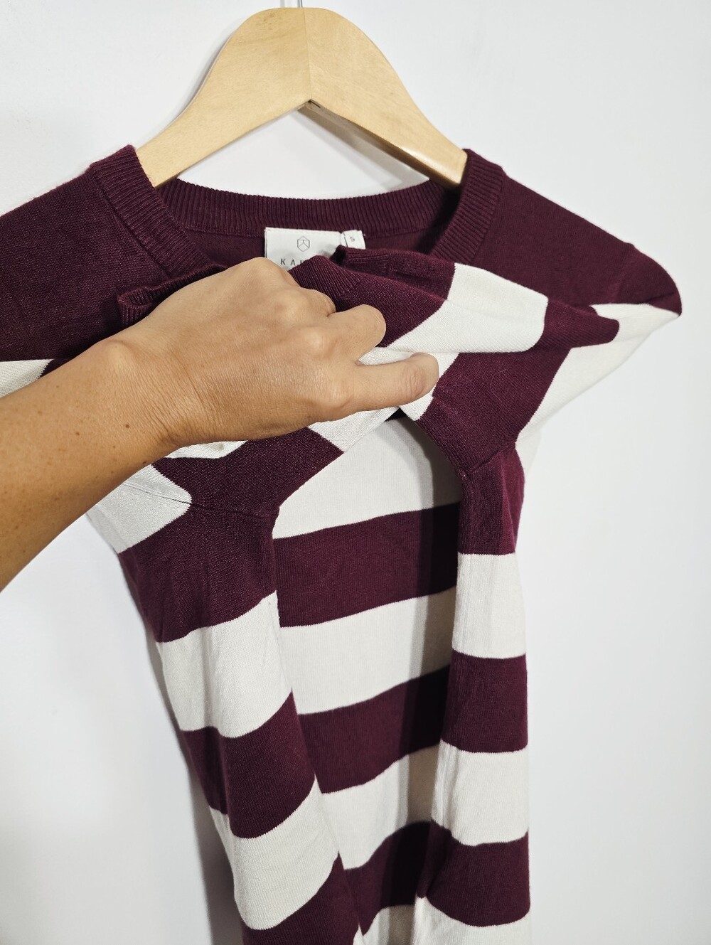 KAFFE Ivory Burgundy Nautical Strips Knitted Short Sleeve Sweater Size Small - Picture 8 of 12
